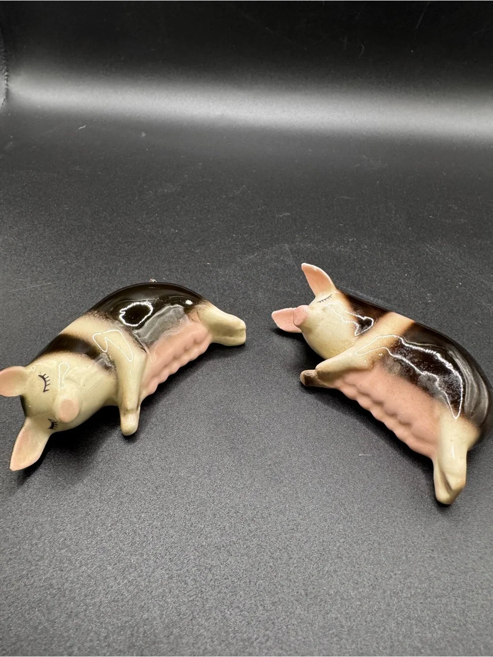 Ceramic Sleeping Pig Figurine Pair - Pink and Brown Decorative Set